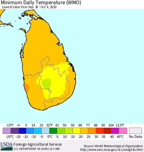 Sri Lanka Extreme Minimum Temperature (WMO) Thematic Map For 9/28/2020 - 10/4/2020