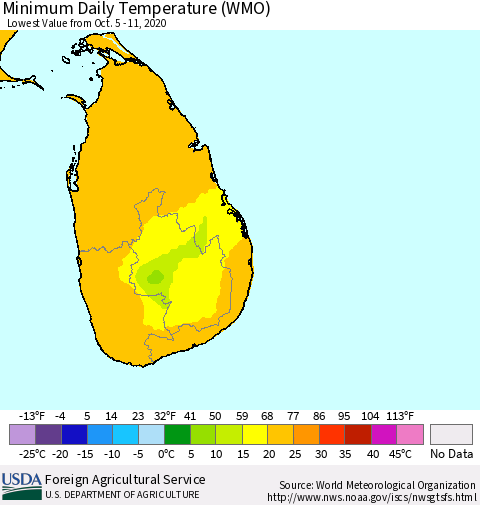 Sri Lanka Extreme Minimum Temperature (WMO) Thematic Map For 10/5/2020 - 10/11/2020