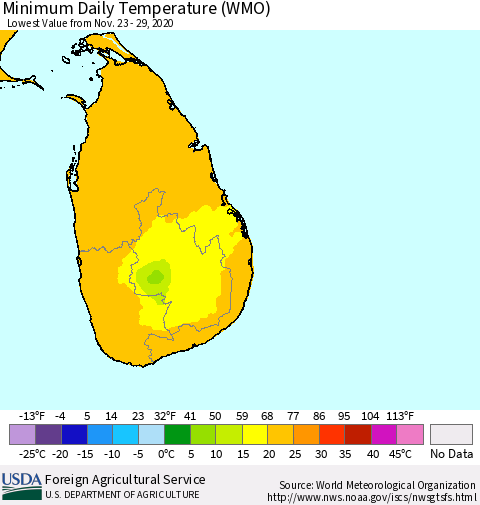 Sri Lanka Extreme Minimum Temperature (WMO) Thematic Map For 11/23/2020 - 11/29/2020
