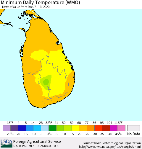 Sri Lanka Extreme Minimum Temperature (WMO) Thematic Map For 12/7/2020 - 12/13/2020