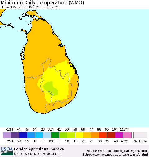 Sri Lanka Extreme Minimum Temperature (WMO) Thematic Map For 12/28/2020 - 1/3/2021