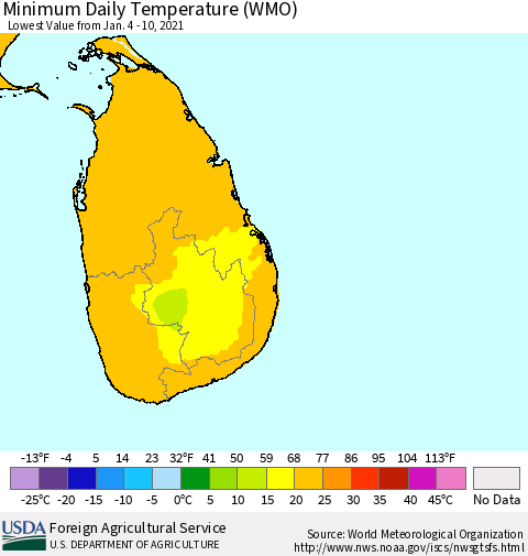 Sri Lanka Extreme Minimum Temperature (WMO) Thematic Map For 1/4/2021 - 1/10/2021