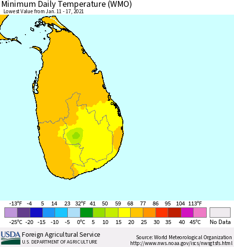 Sri Lanka Extreme Minimum Temperature (WMO) Thematic Map For 1/11/2021 - 1/17/2021