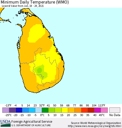 Sri Lanka Extreme Minimum Temperature (WMO) Thematic Map For 1/18/2021 - 1/24/2021