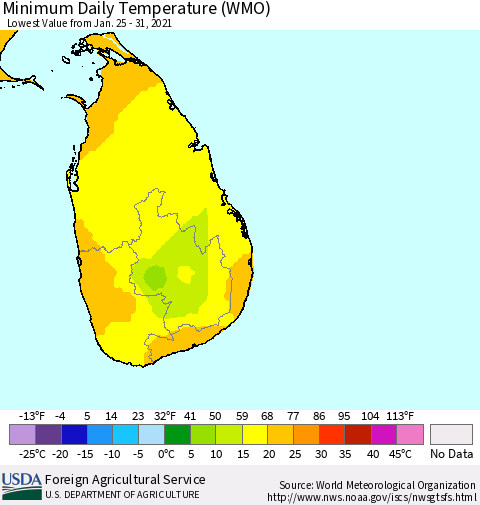 Sri Lanka Minimum Daily Temperature (WMO) Thematic Map For 1/25/2021 - 1/31/2021