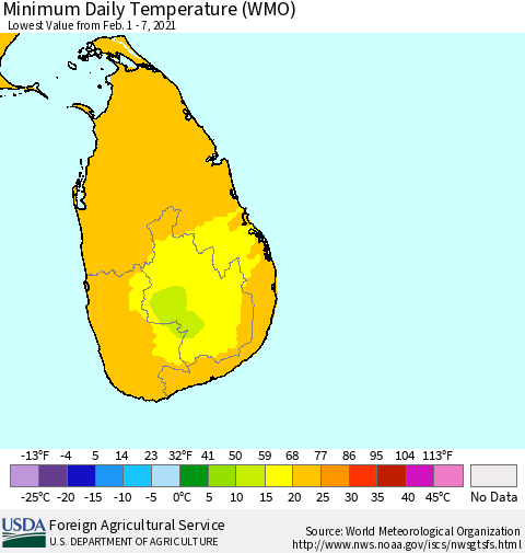 Sri Lanka Extreme Minimum Temperature (WMO) Thematic Map For 2/1/2021 - 2/7/2021