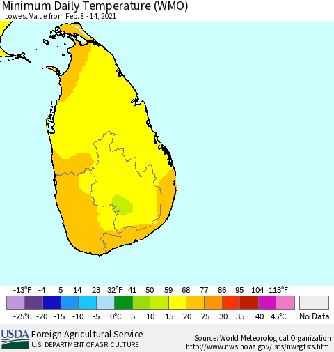 Sri Lanka Extreme Minimum Temperature (WMO) Thematic Map For 2/8/2021 - 2/14/2021