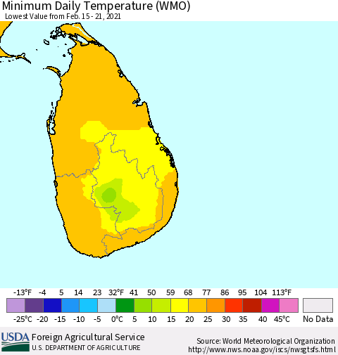 Sri Lanka Extreme Minimum Temperature (WMO) Thematic Map For 2/15/2021 - 2/21/2021