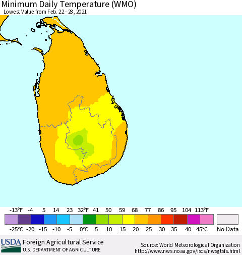 Sri Lanka Extreme Minimum Temperature (WMO) Thematic Map For 2/22/2021 - 2/28/2021