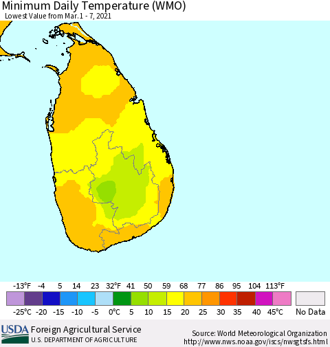 Sri Lanka Minimum Daily Temperature (WMO) Thematic Map For 3/1/2021 - 3/7/2021