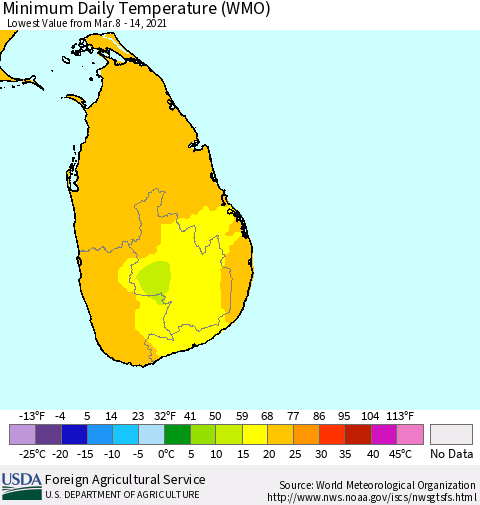 Sri Lanka Extreme Minimum Temperature (WMO) Thematic Map For 3/8/2021 - 3/14/2021