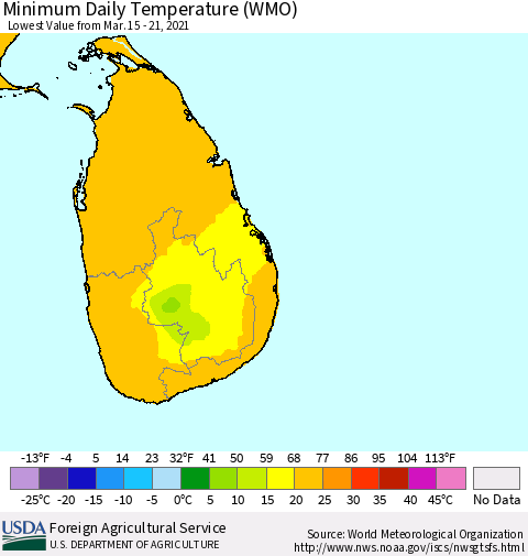 Sri Lanka Extreme Minimum Temperature (WMO) Thematic Map For 3/15/2021 - 3/21/2021