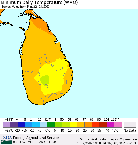Sri Lanka Extreme Minimum Temperature (WMO) Thematic Map For 3/22/2021 - 3/28/2021