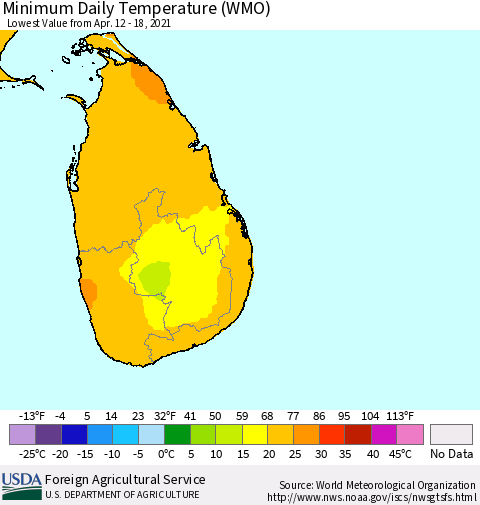 Sri Lanka Extreme Minimum Temperature (WMO) Thematic Map For 4/12/2021 - 4/18/2021