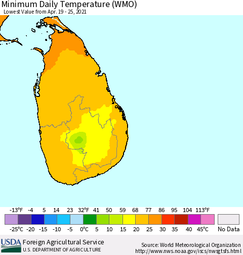 Sri Lanka Extreme Minimum Temperature (WMO) Thematic Map For 4/19/2021 - 4/25/2021