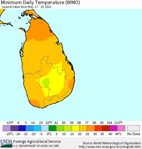 Sri Lanka Extreme Minimum Temperature (WMO) Thematic Map For 5/17/2021 - 5/23/2021