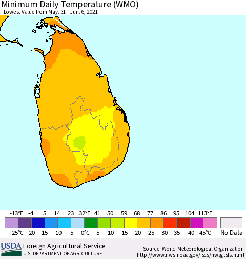 Sri Lanka Minimum Daily Temperature (WMO) Thematic Map For 5/31/2021 - 6/6/2021