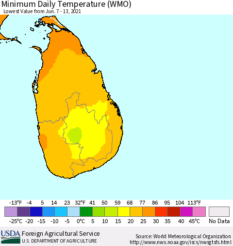 Sri Lanka Extreme Minimum Temperature (WMO) Thematic Map For 6/7/2021 - 6/13/2021