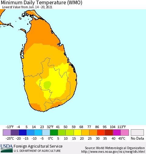 Sri Lanka Minimum Daily Temperature (WMO) Thematic Map For 6/14/2021 - 6/20/2021