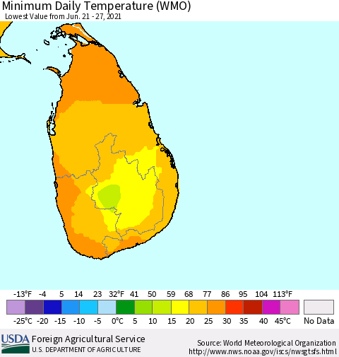 Sri Lanka Extreme Minimum Temperature (WMO) Thematic Map For 6/21/2021 - 6/27/2021