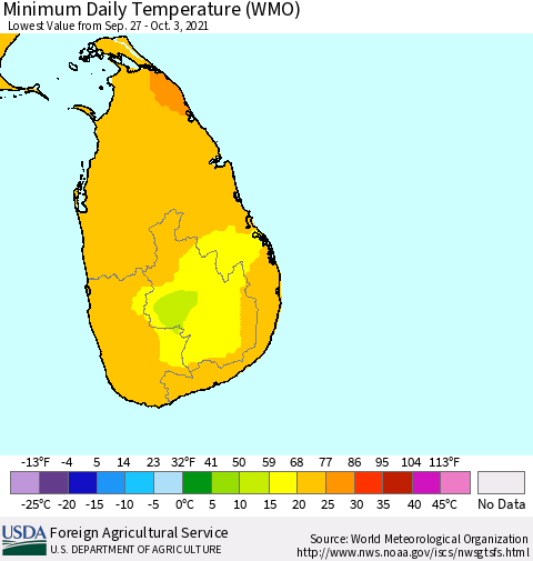Sri Lanka Extreme Minimum Temperature (WMO) Thematic Map For 9/27/2021 - 10/3/2021