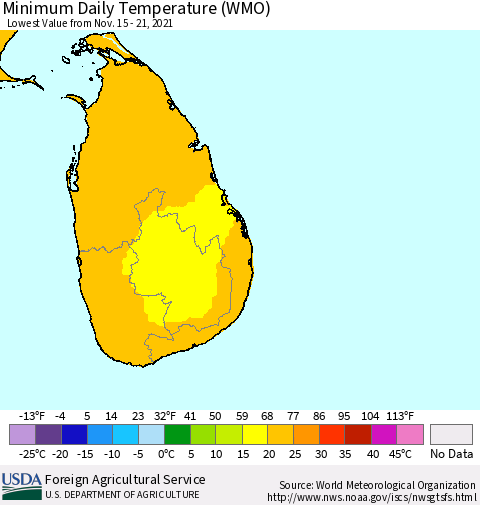 Sri Lanka Extreme Minimum Temperature (WMO) Thematic Map For 11/15/2021 - 11/21/2021