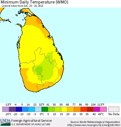 Sri Lanka Extreme Minimum Temperature (WMO) Thematic Map For 12/20/2021 - 12/26/2021