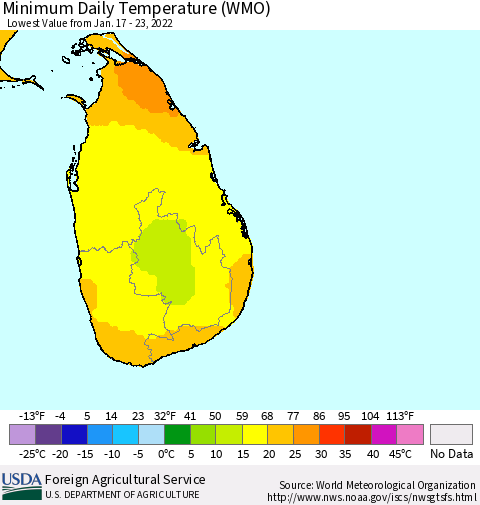 Sri Lanka Minimum Daily Temperature (WMO) Thematic Map For 1/17/2022 - 1/23/2022