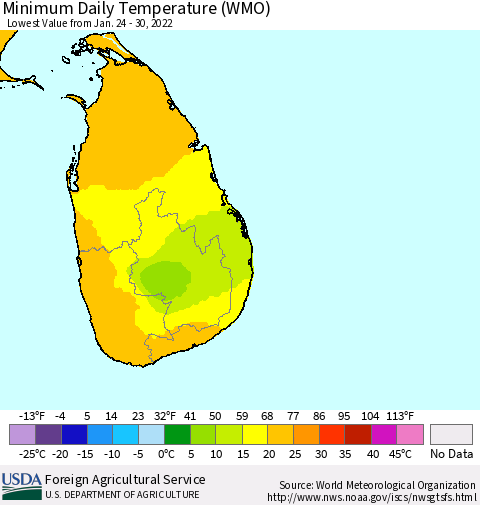 Sri Lanka Minimum Daily Temperature (WMO) Thematic Map For 1/24/2022 - 1/30/2022