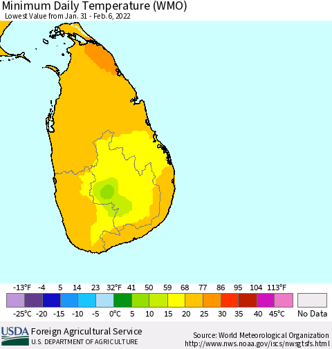 Sri Lanka Minimum Daily Temperature (WMO) Thematic Map For 1/31/2022 - 2/6/2022