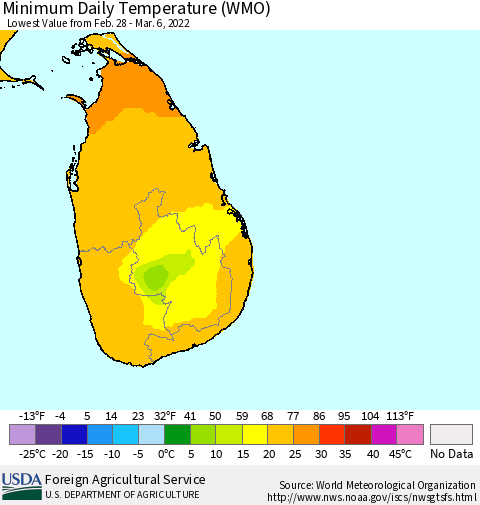 Sri Lanka Minimum Daily Temperature (WMO) Thematic Map For 2/28/2022 - 3/6/2022