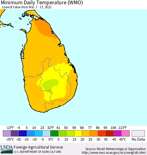 Sri Lanka Minimum Daily Temperature (WMO) Thematic Map For 3/7/2022 - 3/13/2022