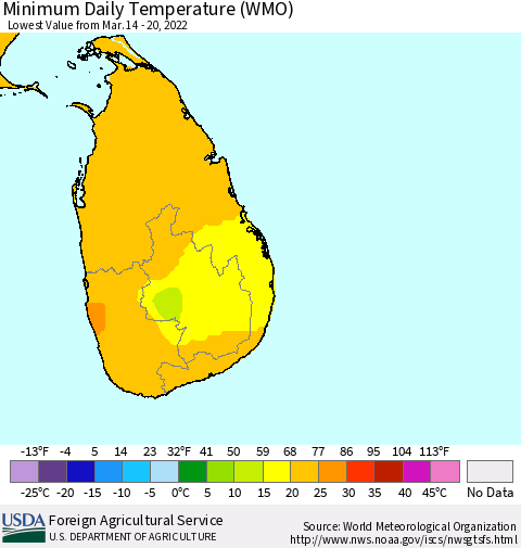 Sri Lanka Minimum Daily Temperature (WMO) Thematic Map For 3/14/2022 - 3/20/2022