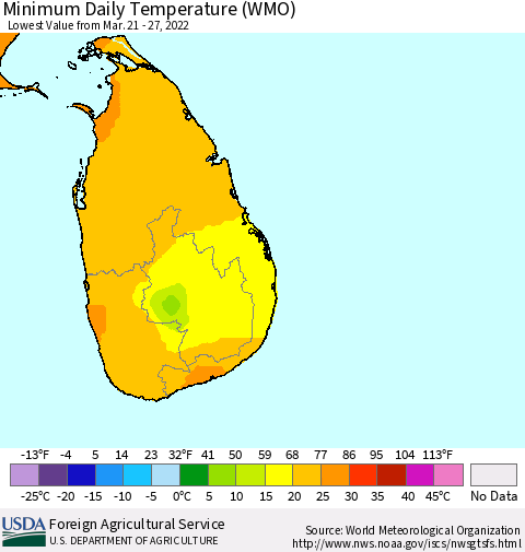 Sri Lanka Minimum Daily Temperature (WMO) Thematic Map For 3/21/2022 - 3/27/2022