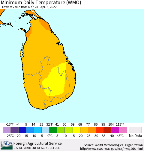 Sri Lanka Minimum Daily Temperature (WMO) Thematic Map For 3/28/2022 - 4/3/2022