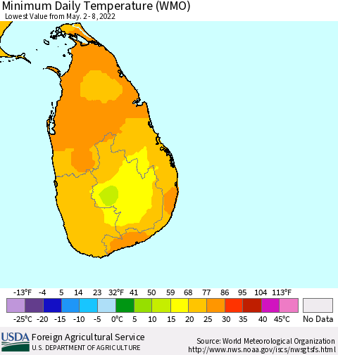 Sri Lanka Extreme Minimum Temperature (WMO) Thematic Map For 5/2/2022 - 5/8/2022