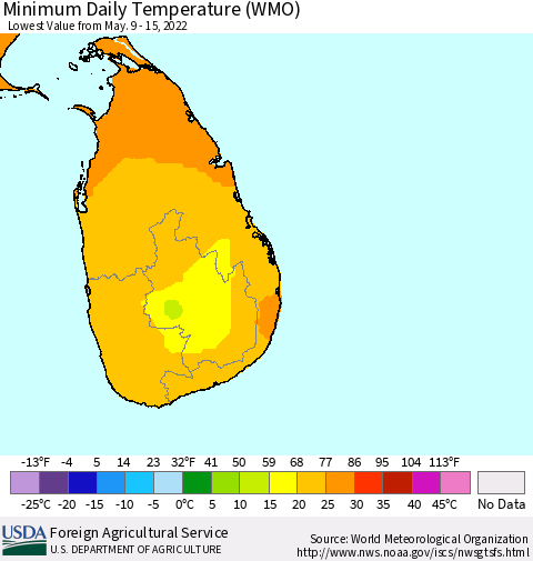 Sri Lanka Minimum Daily Temperature (WMO) Thematic Map For 5/9/2022 - 5/15/2022