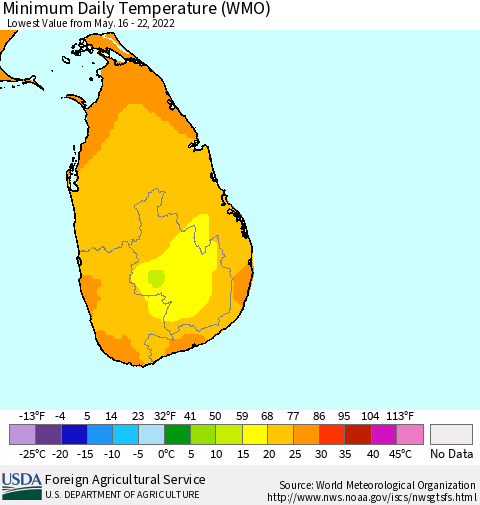 Sri Lanka Extreme Minimum Temperature (WMO) Thematic Map For 5/16/2022 - 5/22/2022
