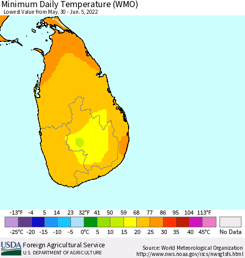 Sri Lanka Minimum Daily Temperature (WMO) Thematic Map For 5/30/2022 - 6/5/2022