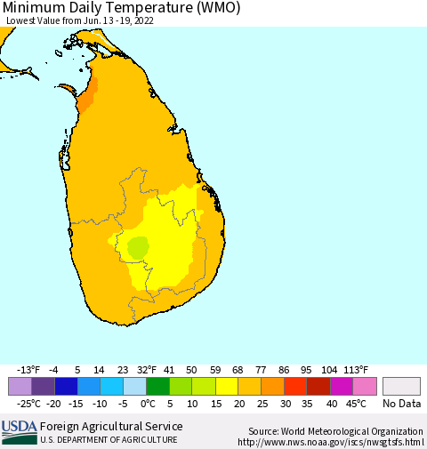 Sri Lanka Extreme Minimum Temperature (WMO) Thematic Map For 6/13/2022 - 6/19/2022