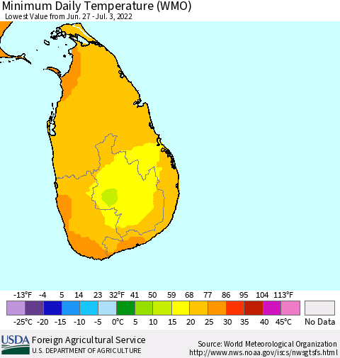 Sri Lanka Minimum Daily Temperature (WMO) Thematic Map For 6/27/2022 - 7/3/2022