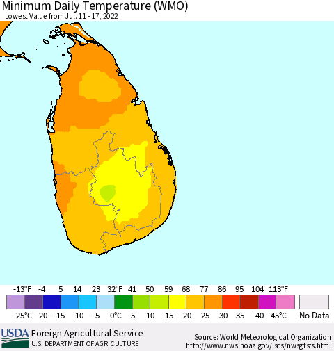 Sri Lanka Extreme Minimum Temperature (WMO) Thematic Map For 7/11/2022 - 7/17/2022