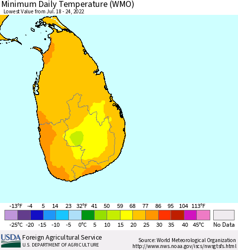 Sri Lanka Extreme Minimum Temperature (WMO) Thematic Map For 7/18/2022 - 7/24/2022