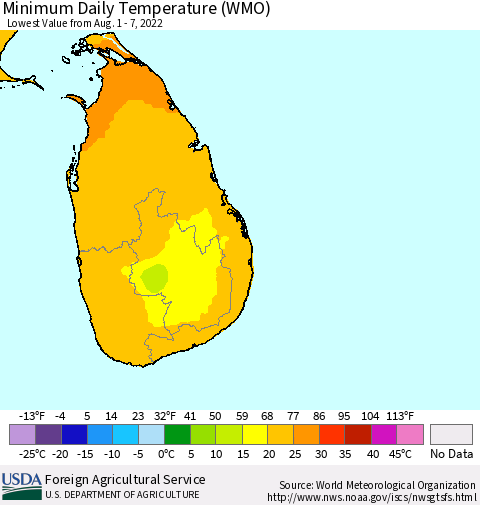 Sri Lanka Extreme Minimum Temperature (WMO) Thematic Map For 8/1/2022 - 8/7/2022