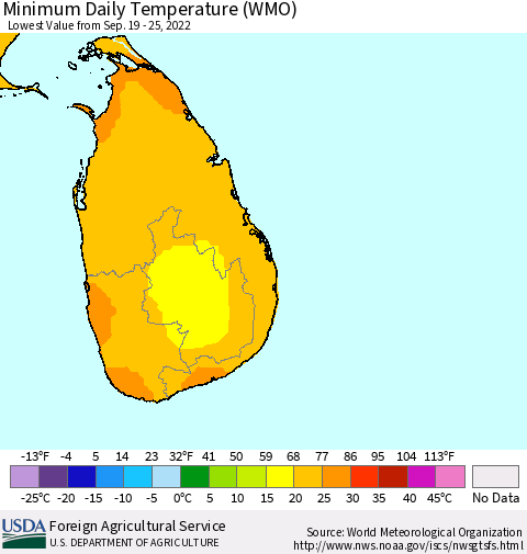 Sri Lanka Minimum Daily Temperature (WMO) Thematic Map For 9/19/2022 - 9/25/2022