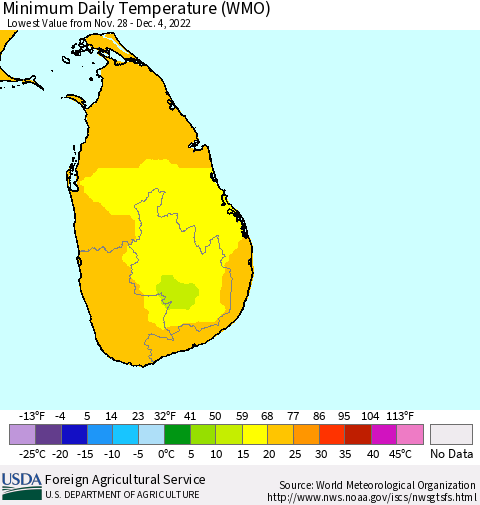 Sri Lanka Minimum Daily Temperature (WMO) Thematic Map For 11/28/2022 - 12/4/2022