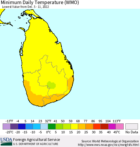 Sri Lanka Minimum Daily Temperature (WMO) Thematic Map For 12/5/2022 - 12/11/2022