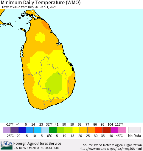 Sri Lanka Minimum Daily Temperature (WMO) Thematic Map For 12/26/2022 - 1/1/2023