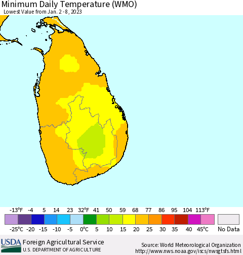 Sri Lanka Minimum Daily Temperature (WMO) Thematic Map For 1/2/2023 - 1/8/2023