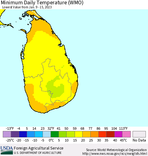 Sri Lanka Minimum Daily Temperature (WMO) Thematic Map For 1/9/2023 - 1/15/2023